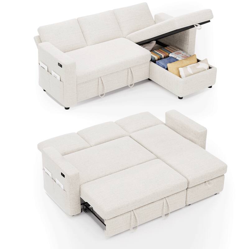 Alt View 7. Vipbear - 81" L Shaped Sleeper Couch Sofa Bed with Pull Out Bed Reclining Backrest, Storage Chaise, USB Ports, Tool-Free Assembly - Beige.