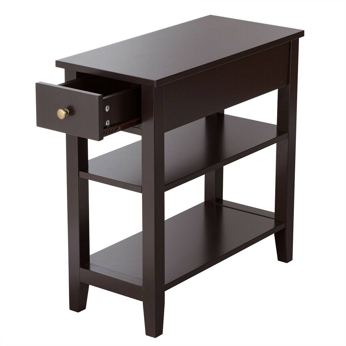 Alt View 9. Gymax - Gymax 3 Tier Nightstand Bedside Table Sofa Side End Table w/Double Shelves Drawer Brown - Brown.