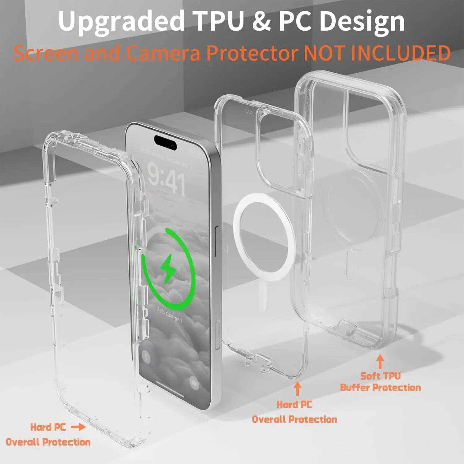 Upgraded TPU & PC Design  
Screen and Camera Protector NOT INCLUDED  

9:41  
Charged  

Soft TPU Buffer Protection  
Hard PC Overall Protection  
Hard PC Overall Protection