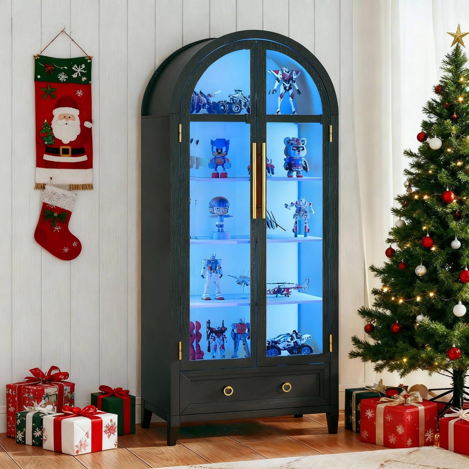 OMOMMD- 73" Arched Glass Display Cabinet with LED Lights, Sensor, 4-Tier Adjustable Shelf- Black-arched Top