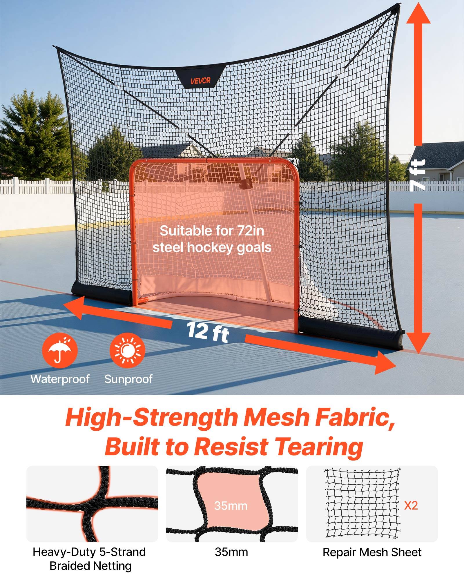 VEVOR Suitable for 72in steel hockey goals 12 ft Waterproof Sunproof High-Strength Mesh Fabric, Built to Resist Tearing 35mm X2 Heavy-Duty 5-Strand Braided Netting 35mm Repair Mesh Sheet