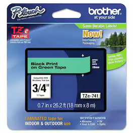 Brother - P-Touch TZE741 0.7 in. x 26.2 ft. TZe Standard Adhesive Laminated Labeling Tape - Black on - Green
