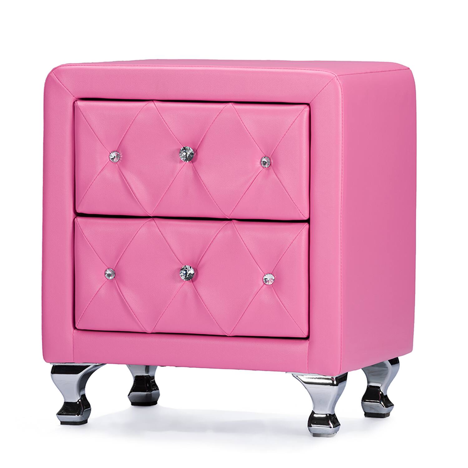 Angle. Baxton Studio - Stella Crystal Tufted Leather Modern Nightstand - Pink.