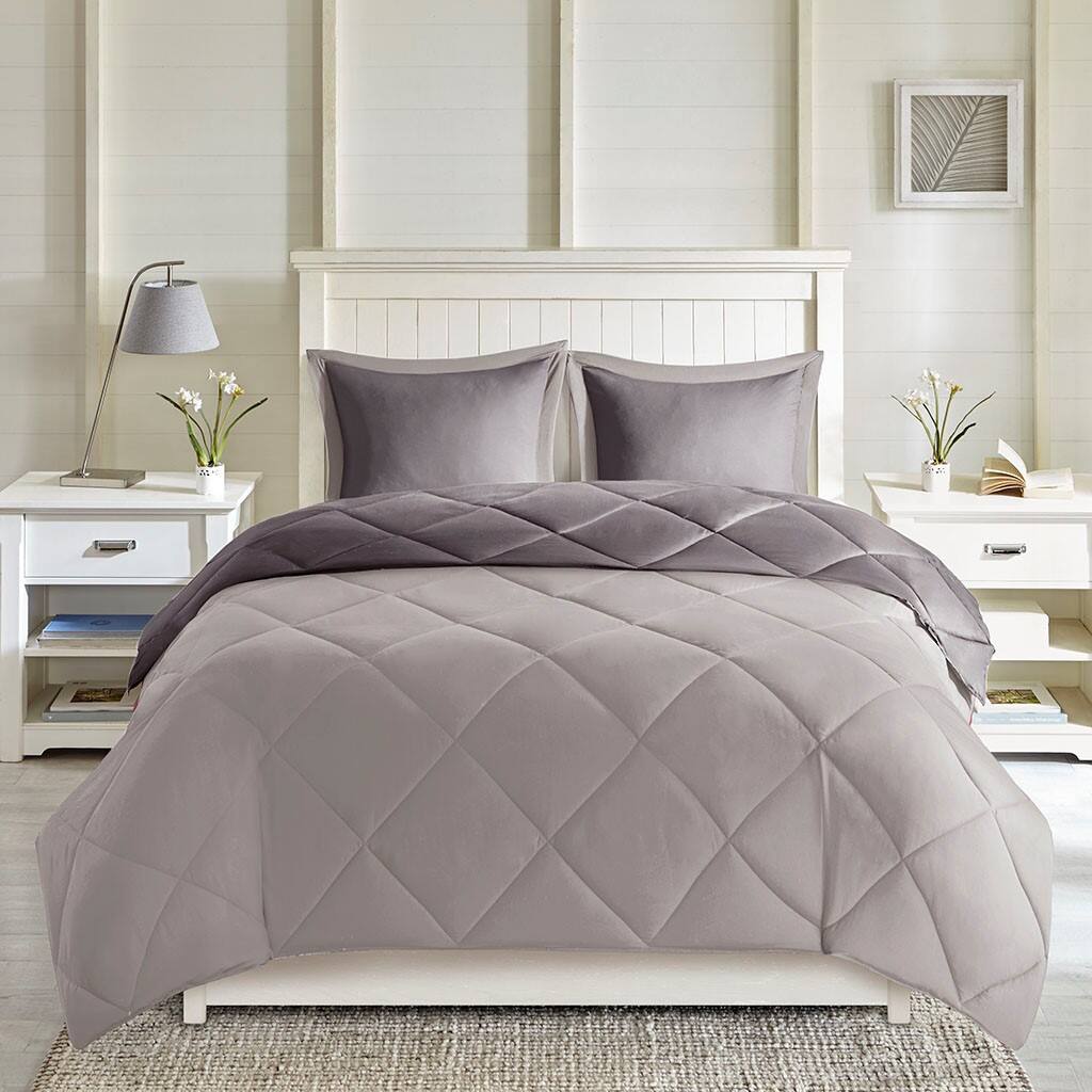 Back. Aukfa - Twin/Twin XL Diamond Quilting Reversible Down Alternative Comforter Set - Gray.