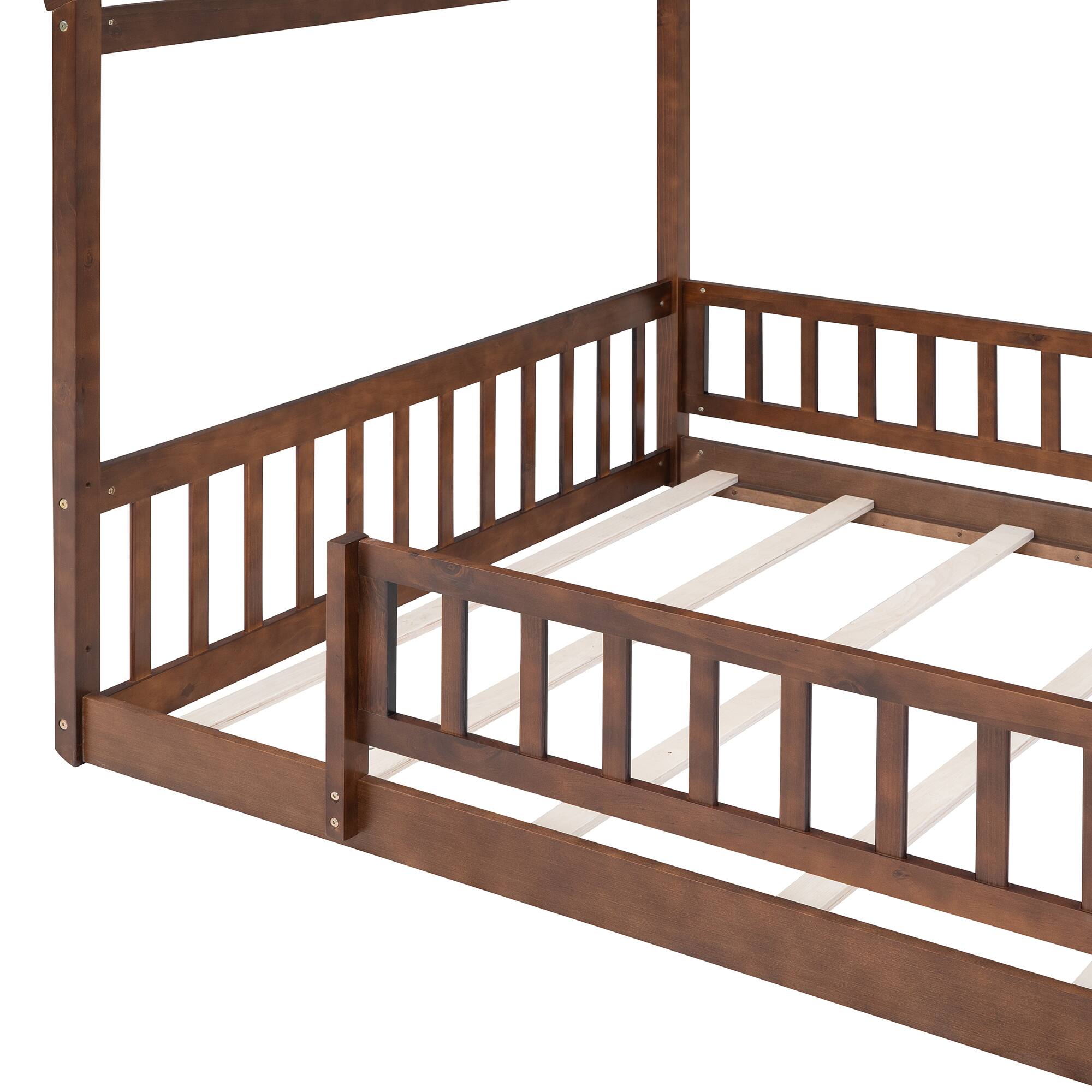 Alt View 5. Whisen - Wood House Bed Frame with Fence for Kids and Teens - Walnut.
