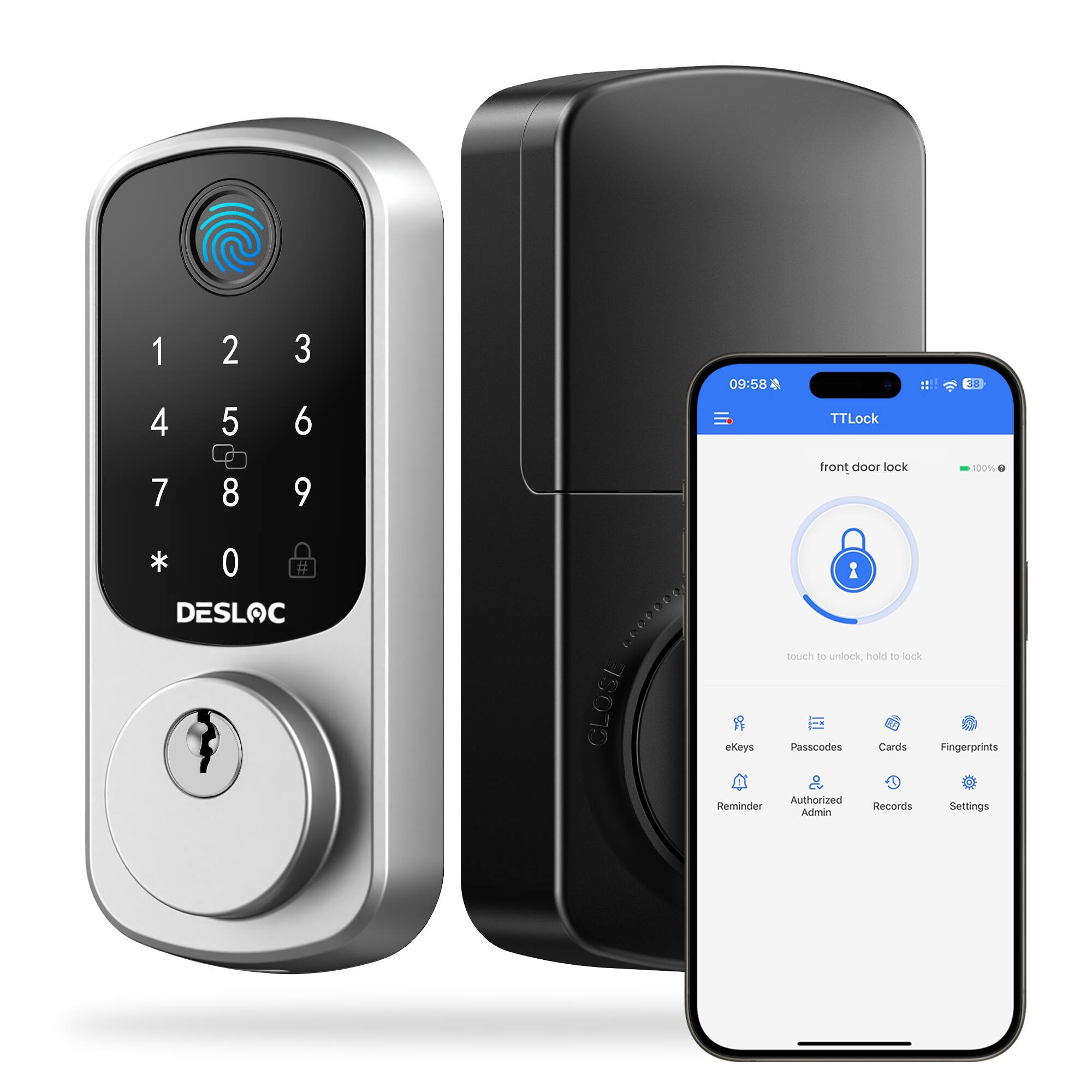 1 4 2 5 3 6 09:58 TTLock 18 7 8 9 front door lock 100% * O # DESLOC 1 COCOLDE touch to unlock hold to lock CLOSE eKeys Passcodes Cards Fingerprints Authorized Reminder Records Settings Admin