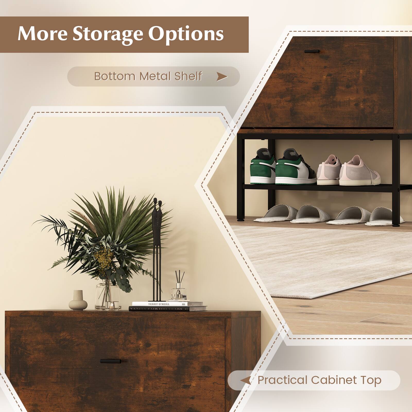 More Storage Options
Bottom Metal Shelf
Practical Cabinet Top