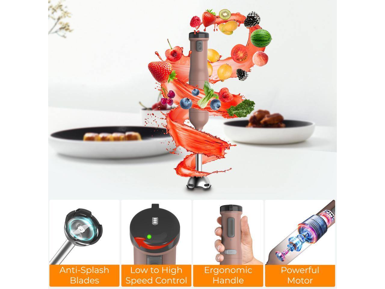 Anti-Splash Blades  
Low to High Speed Control  
Ergonomic Handle  
Powerful Motor