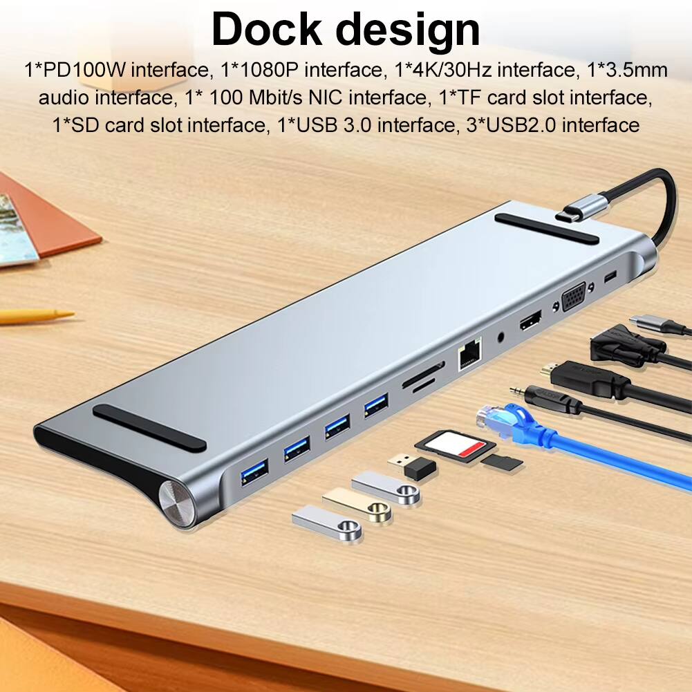 Dock design  
1*PD100W interface, 1*1080P interface, 1*4K/30Hz interface, 1*3.5mm audio interface, 1*100 Mbit/s NIC interface, 1*TF card slot interface, 1*SD card slot interface, 1*USB 3.0 interface, 3*USB2.0 interface