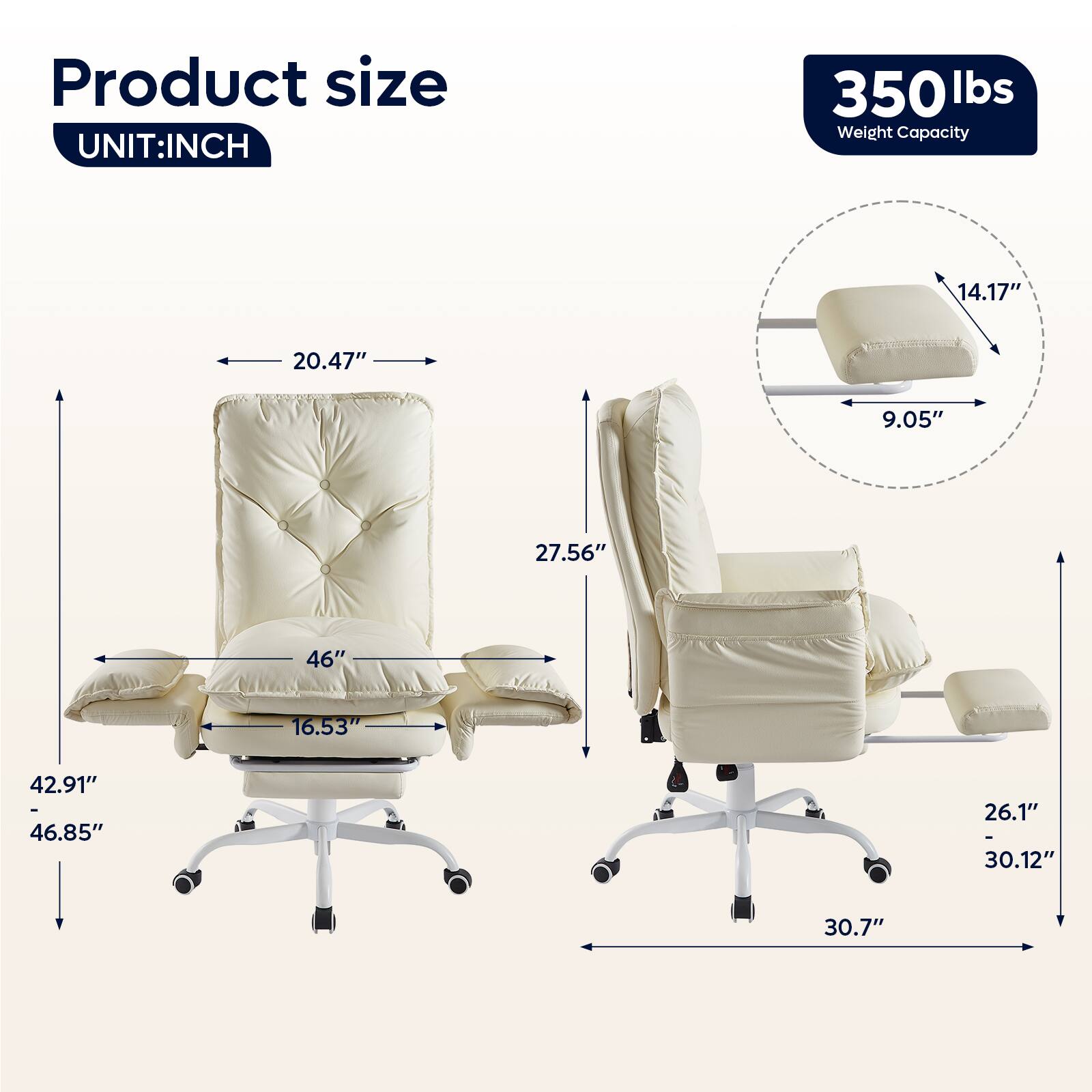 Product size  
UNIT: INCH

350 lbs Weight Capacity

- Width: 20.47"
- Depth: 27.56"
- Height: 46.85" - 42.91"
- Seat Height: 16.53"
- Armrest Height: 14.17" - 9.05"
- Back Height: 46"
- Base Width: 30.7"
- Base Depth: 26.1" - 30.12"
