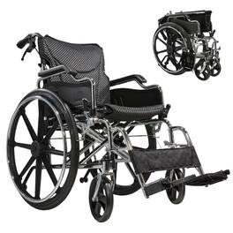 TinyHomie - Folding Manual Transport Wheelchair 18in Seat With Front and Rear Locking Hand Brakes 24in Quick Release Rear Wheels - Silver