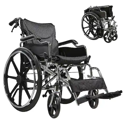 Front. TinyHomie - Folding Manual Transport Wheelchair 18in Seat With Front and Rear Locking Hand Brakes 24in Quick Release Rear Wheels - Silver.