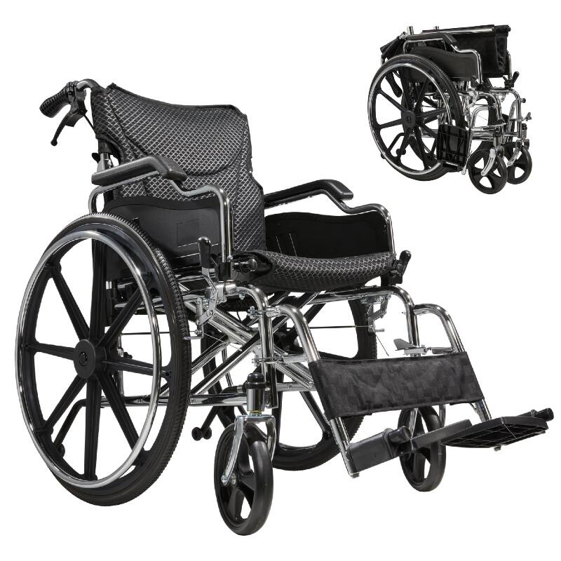 Front. TinyHomie - Folding Manual Transport Wheelchair 18in Seat With Front and Rear Locking Hand Brakes 24in Quick Release Rear Wheels - Silver.