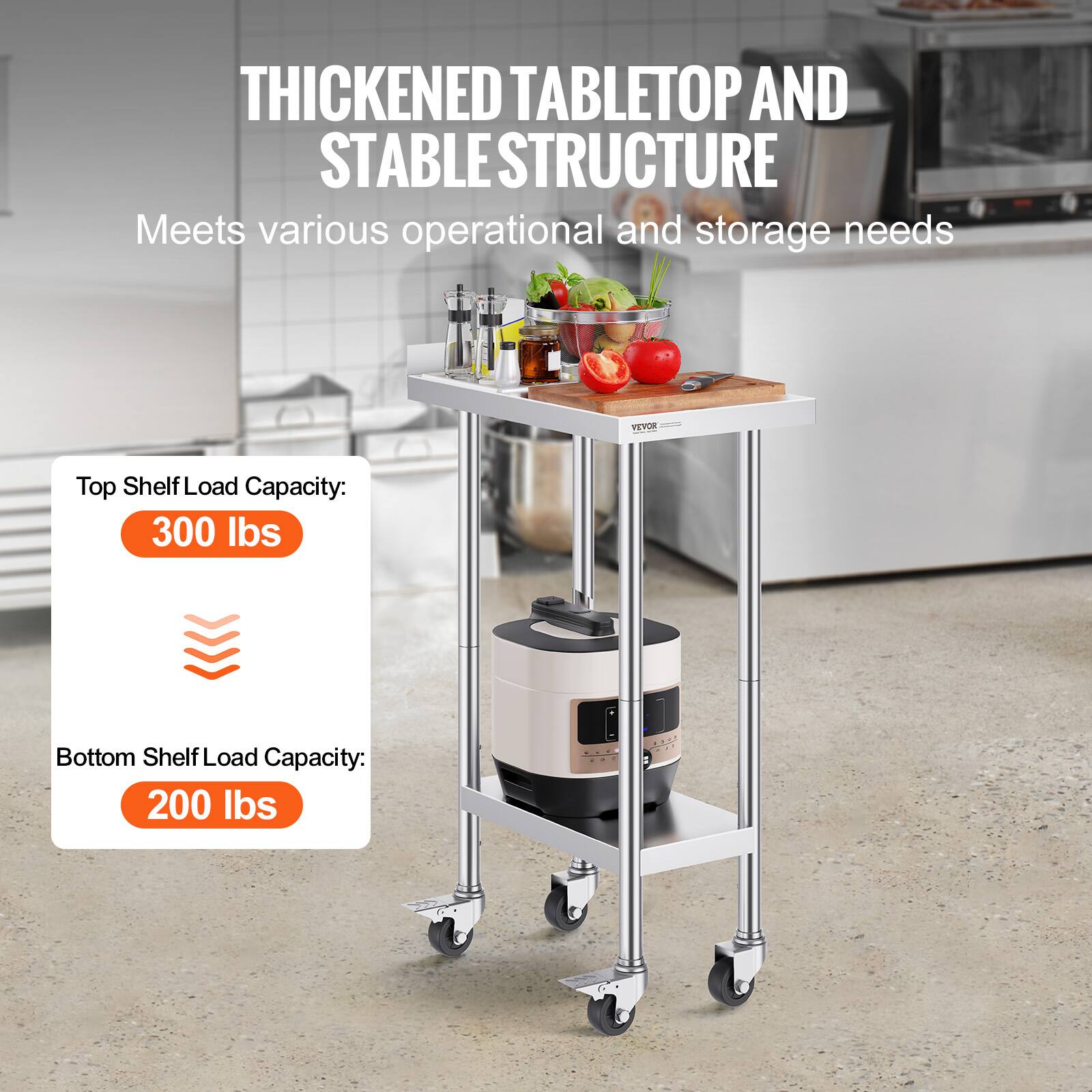 **Thickened Tabletop and Stable Structure**  
Meets various operational and storage needs  

**Top Shelf Load Capacity:**  
300 lbs  

**Bottom Shelf Load Capacity:**  
200 lbs