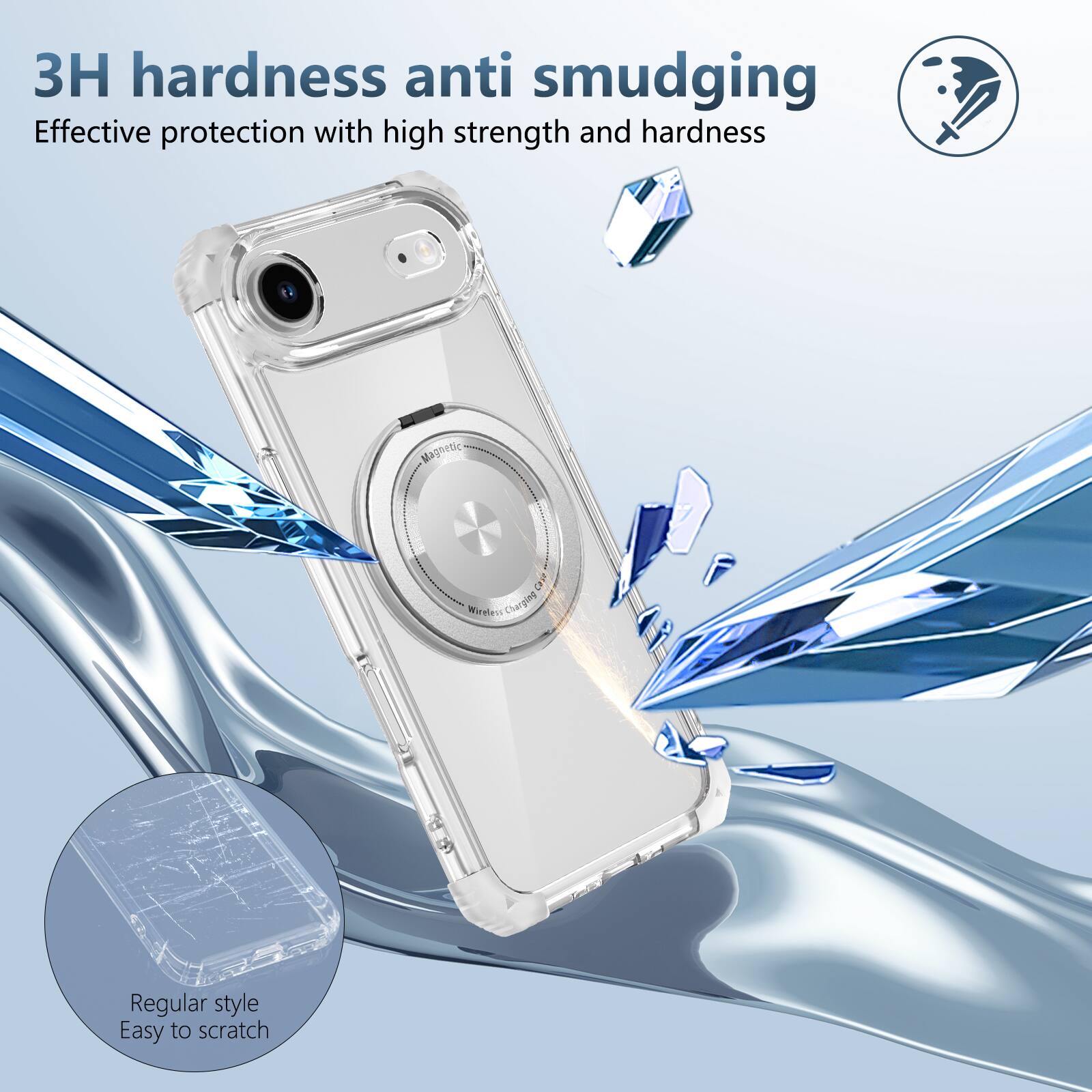 3H hardness anti smudging  
Effective protection with high strength and hardness  
Magnetic Wireless Charging  
Regular style  
Easy to scratch