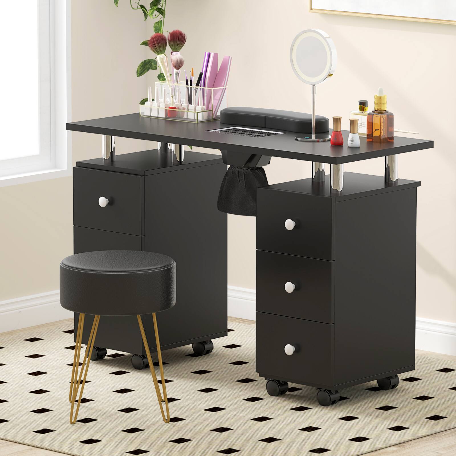 Alt View 3. Costway - Costway Rolling Manicure Table Nail Desk with with 8 Lockable Wheels & Electric Dust Collector 3 Dust Bags Wrist Rest - Black.