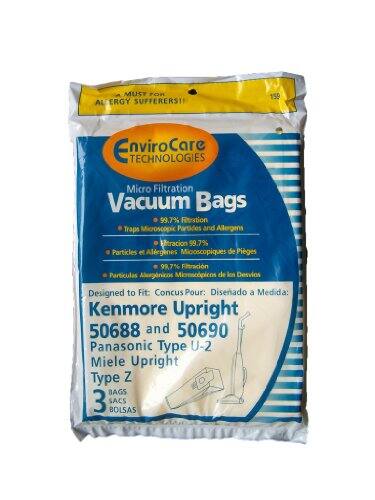 MUST FOR ALLERGY SUFFERERS!!  
159 Enviro Care TECHNOLOGIES Micro Filtration Vacuum Bags  
99.7% Retention Traps Microscopic Particles and Allergens  
Etracation 99.7% Particles et Allergenes Microscopiques de Piges  
99.7% Fitracin Particulas Alergenicos Microscpicos de Desvios  
Designed to Fit:  
Concus Pour:  
Diseñado a Medida:  
Kenmore Upright 50688 and 50690  
Panasonic Type U-2  
Miele Upright Type Z  
BAGS 3  
SACS BOLSAS