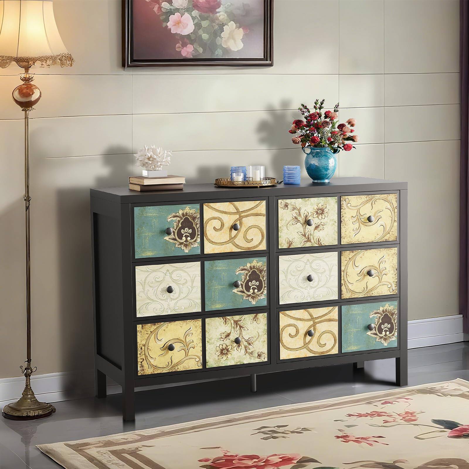 Acekool - 6 Drawer Dresser for Bedroom, Wooden Chest of Drawers, Retro Floral Pattern Dresser, Farmhouse Dressers for Bedroom - Black