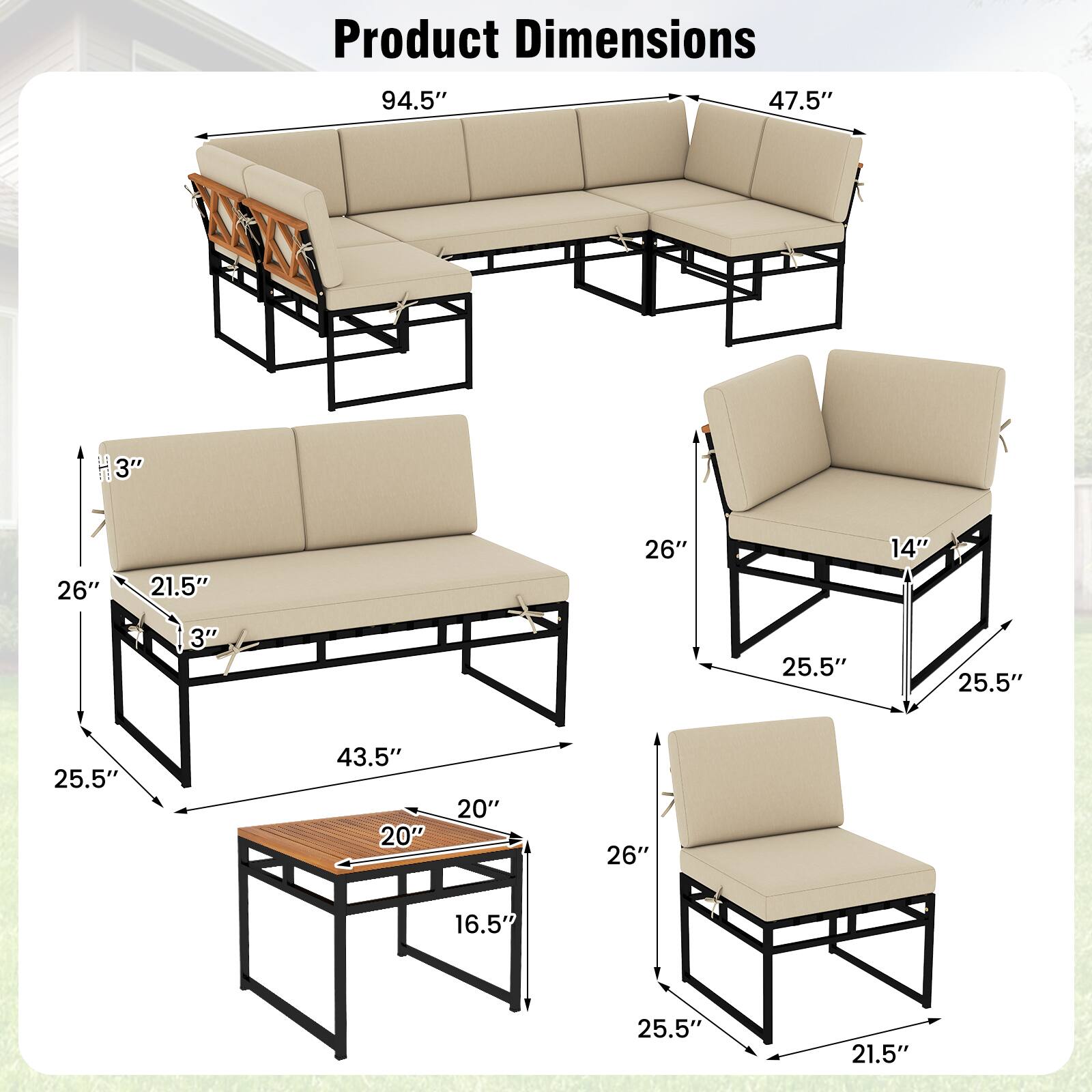 Product Dimensions: 94.5" x 47.5", 26" x 21.5" x 3", 25.5" x 25.5" x 25.5", 43.5" x 20" x 20", 26" x 16.5" x 25.5" x 21.5"