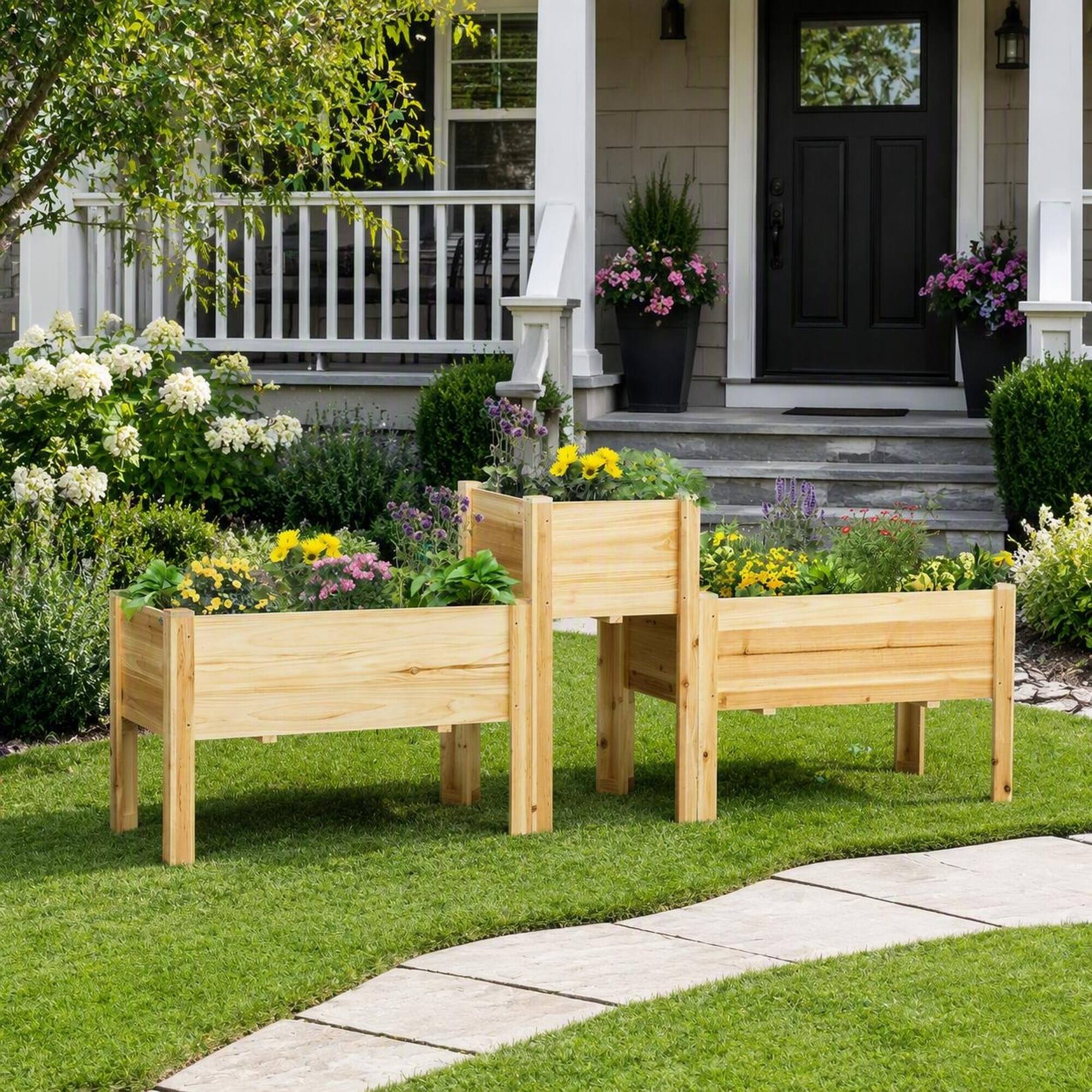 Alt View 1. RYHNUYNE - 3-Piece Wooden Raised Garden Bed Set with Legs and Liner for Vegetables Herbs Flowers in Backyard Patio, Natural - Natural Wood.