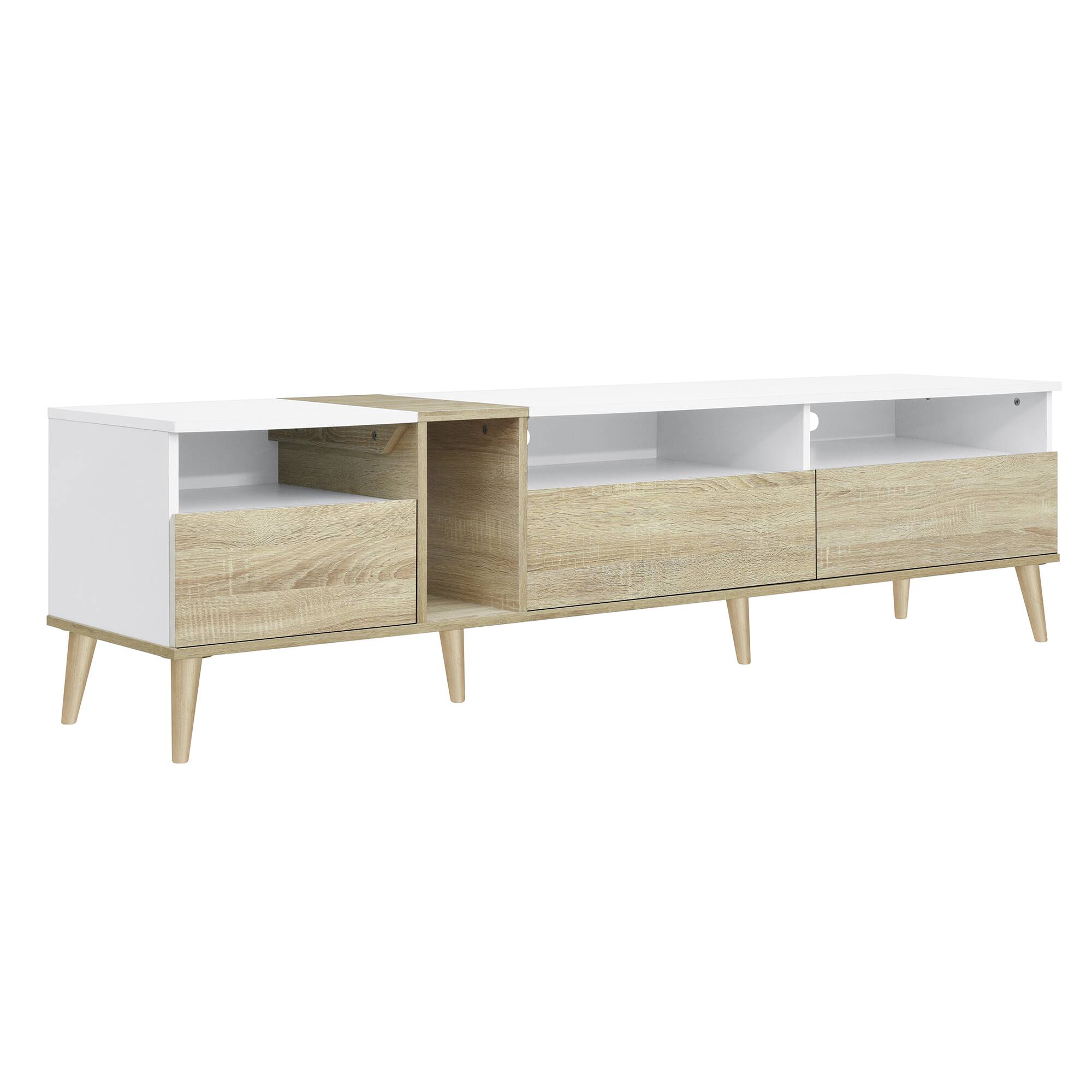 Angle. PexFix - Modern TV Stand for 80" TVs, Media Console Entertainment Center with 3 Drawers & Open Storage - Oak.