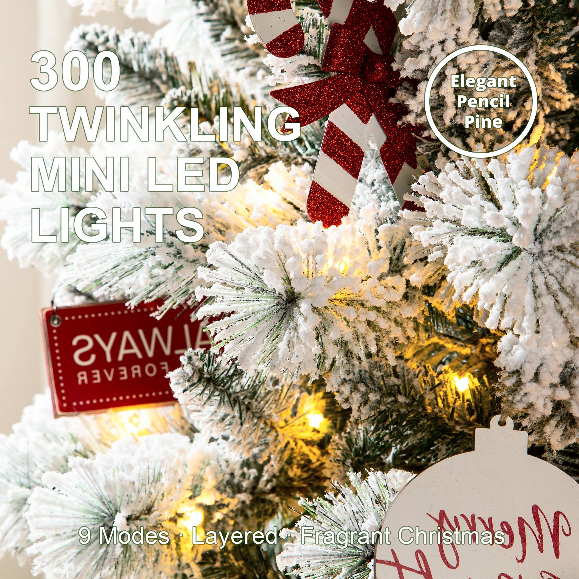 300 Twinkling Mini LED Lights  
Elegant Pencil Pine  
Always Forever  
9 Modes Layered Fragrant Christmas