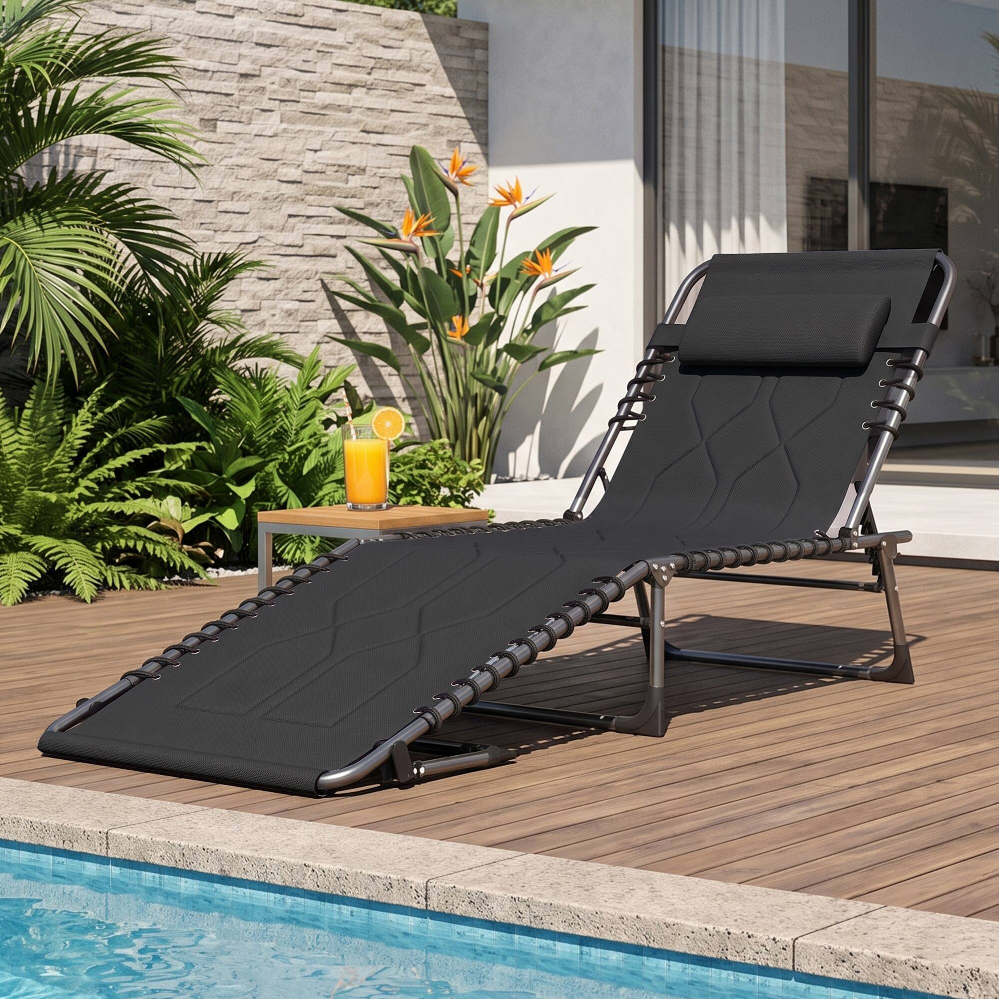 Alt View 1. Outsunny - Folding Chaise Lounge Chair, Outdoor 6-Level Reclining Camping Tanning Chair with Headrest for Beach, Yard, Patio - Black.