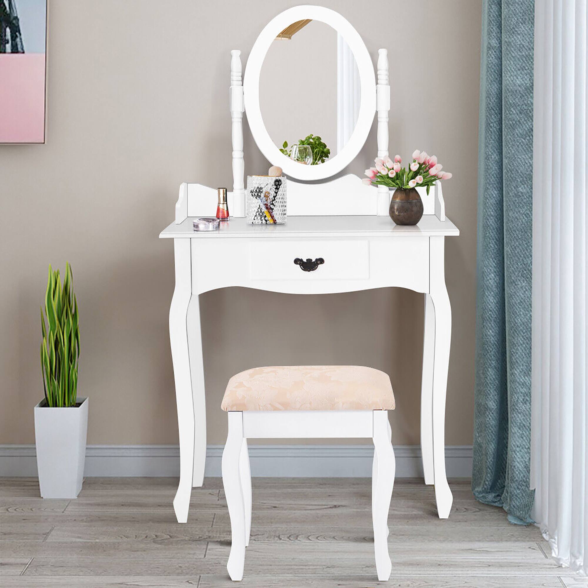 Alt View 2. Gymax - Gymax Vanity Wood Makeup Dressing Table Stool Set w/ Drawer & Mirror Jewelry Desk White - White.