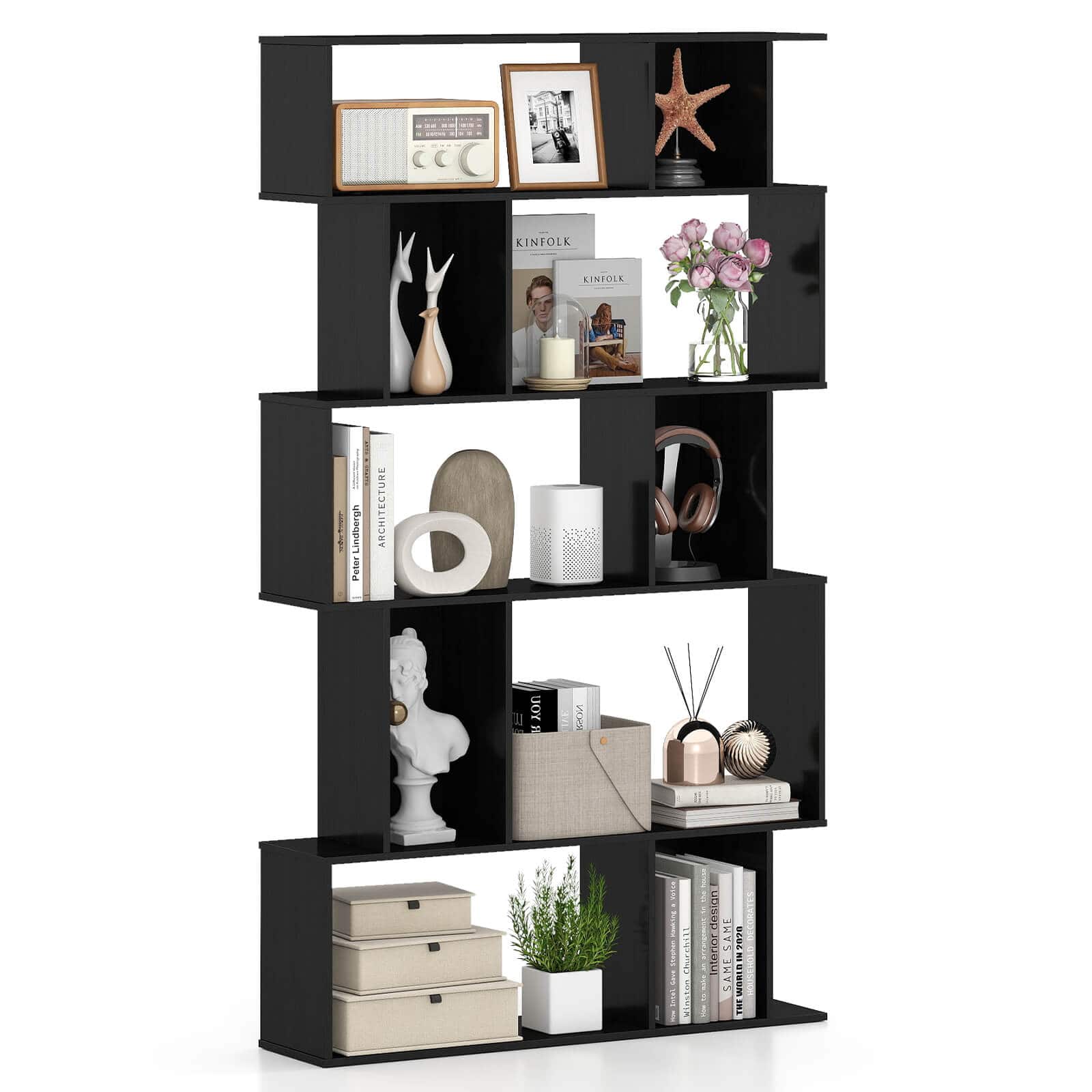 Costway - 1 PCS 5-Tier Geometric Bookshelf with Open Shelves & Closed-back Cubes for Living Room - Black