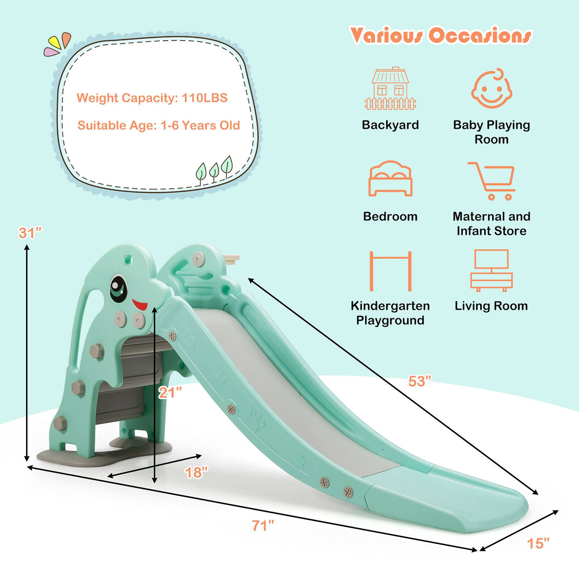 Various Occasions  
Weight Capacity: 110LBS  
Suitable Age: 1-6 Years Old  

Backyard  
Baby Playing Room  
Bedroom  
Maternal and Infant Store  
Kindergarten Playground  
Living Room  

31"  
21"  
53"  
18"  
71"  
15"