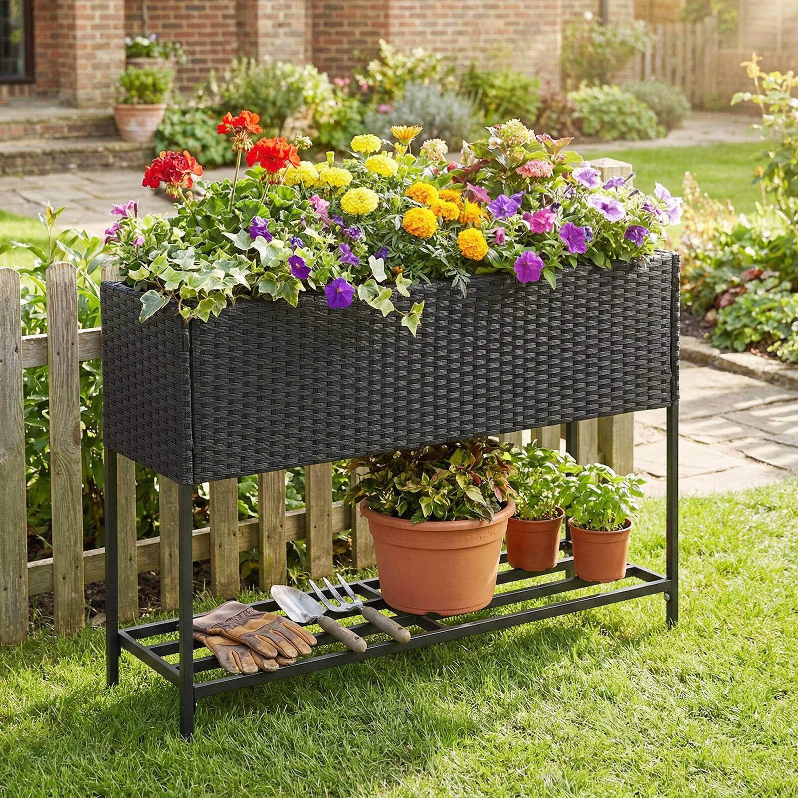 Alt View 1. Gymax - Gymax Elevated Planter Box Raised Garden Bed w/Rattan Surface Bottom Storage Shelf - Black.