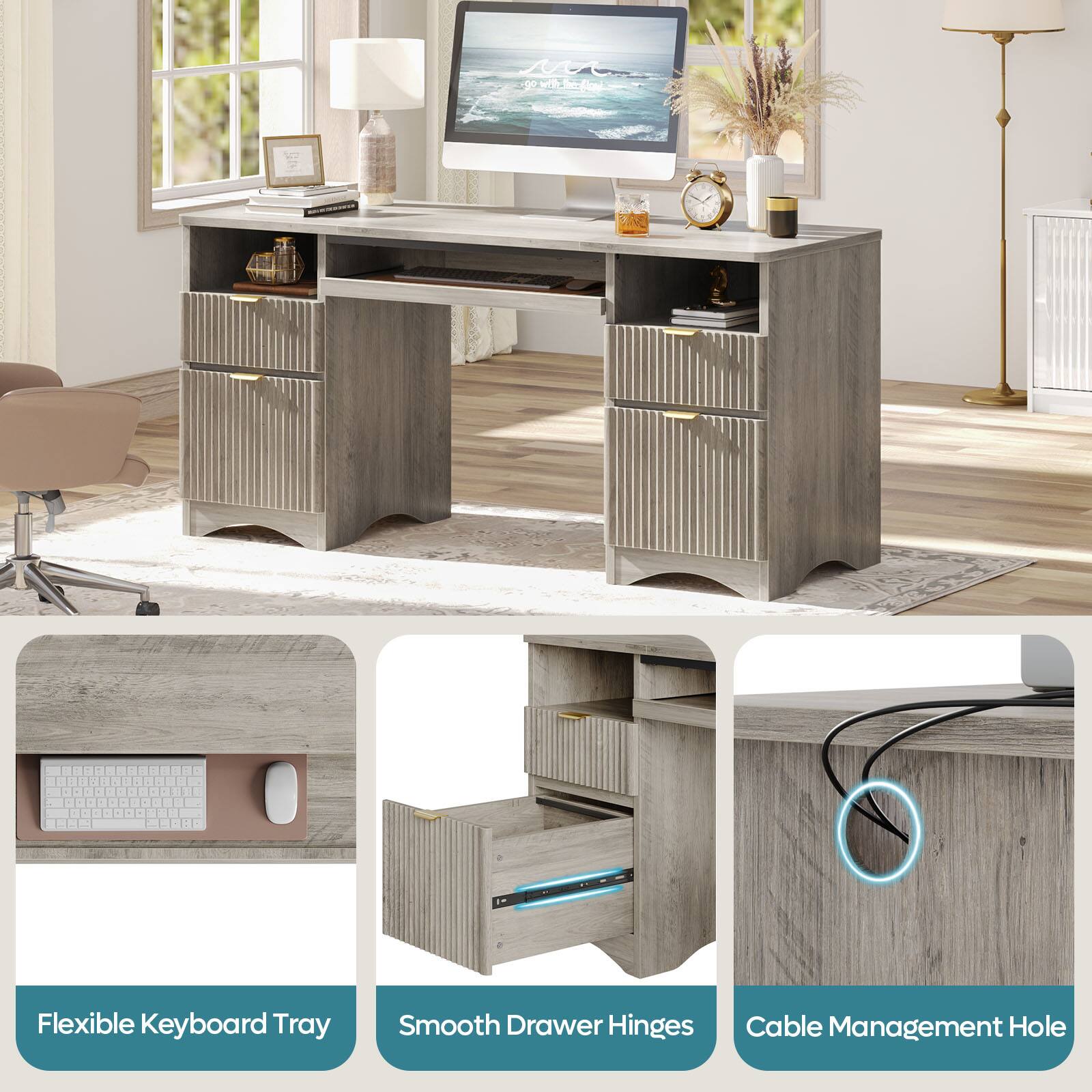 The image shows a desk with a computer monitor, keyboard, and mouse. The desk also has a drawer with a blue light and a clock. The desk is described as having a flexible keyboard tray, smooth drawer hinges, and a cable management hole.