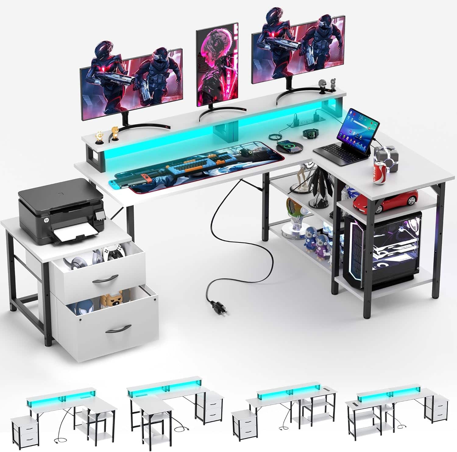 Front. GTPlayer - 70 inch L-Shaped LED Gaming Desk with Power Outlet Computer Desk - BlackWhite.