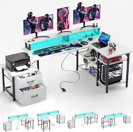 GTPlayer - 70 inch L-Shaped LED Gaming Desk with Power Outlet Computer Desk - BlackWhite