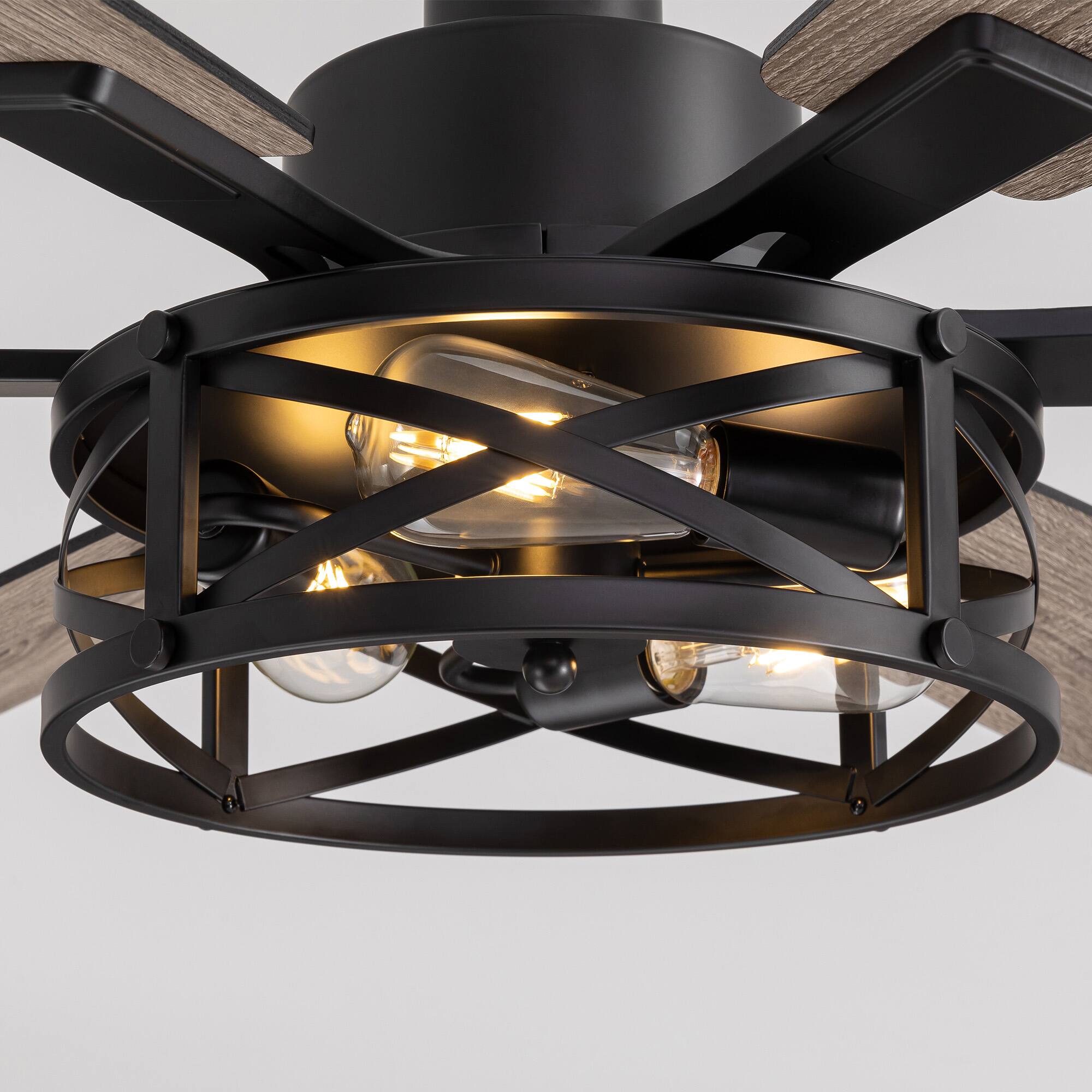 Alt View 2. Siljoy - 6-Blade Industrial Caged Ceiling Fan with Light - Multi-Speed, Reversible, Adjustable Downrod.