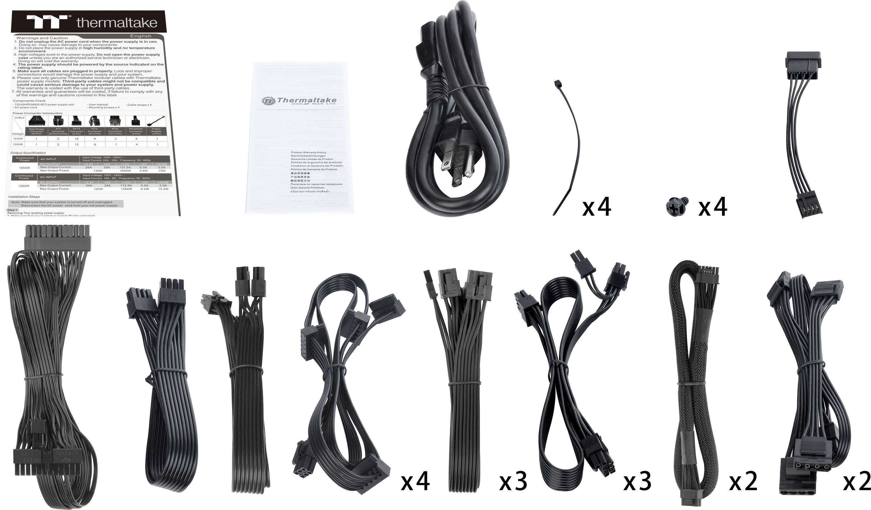 The text on the image is describing the various cables and accessories that come with a Thermaltake Cactus case. The case is designed to be compatible with a wide range of computer components, including power supplies, fans, and other accessories. The image shows a total of 12 cables and accessories, with some of them being x4, x3, and x2, which indicate the number of connectors or ports available. The cables and accessories are organized in a way that allows users to easily identify and connect the components to their computer systems.