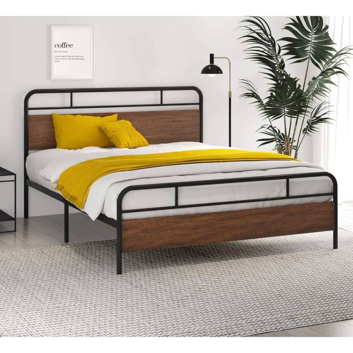 Left. Hivvago - Hivvago Queen Size Industrial Metal Wood Platform Bed Frame with Headboard and Footboard - Black,Brown.