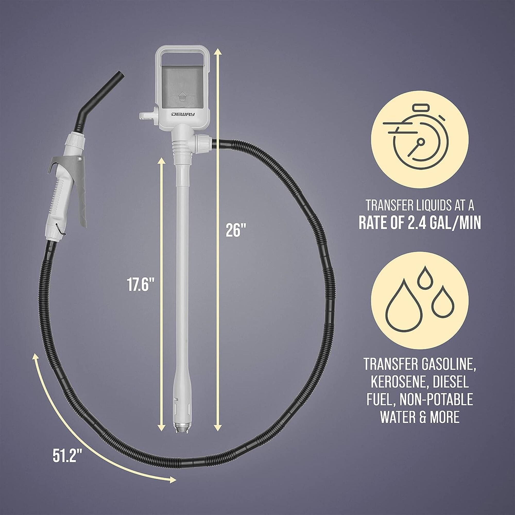 DML 26" 17.6" 51.2" TRANSFER LIQUIDS AT A RATE OF 2.4 GAL/MIN TRANSFER GASOLINE, KEROSENE, DIESEL FUEL, NON-POTABLE WATER & MORE