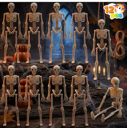 Front. Joyfy - 12 PCS Halloween Mini Skeleton Figurines, 6" Plastic Poseable Small Skeletons Toys Decorations for Haunted House Prop - White.