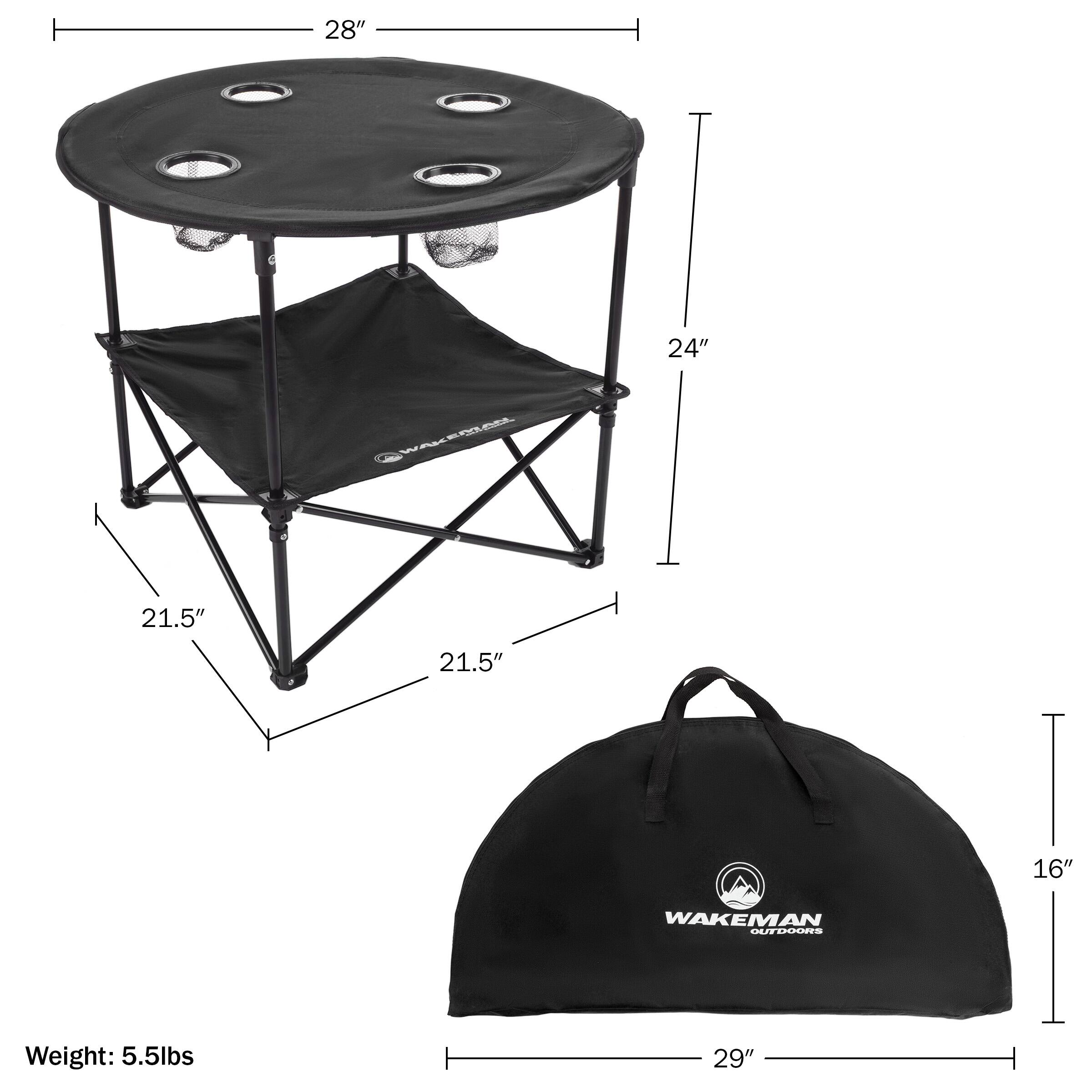 - Tabletop: 28" diameter
- Height: 24"
- Base: 21.5" x 21.5"
- Weight: 5.5lbs
- Bag: 29" x 16"