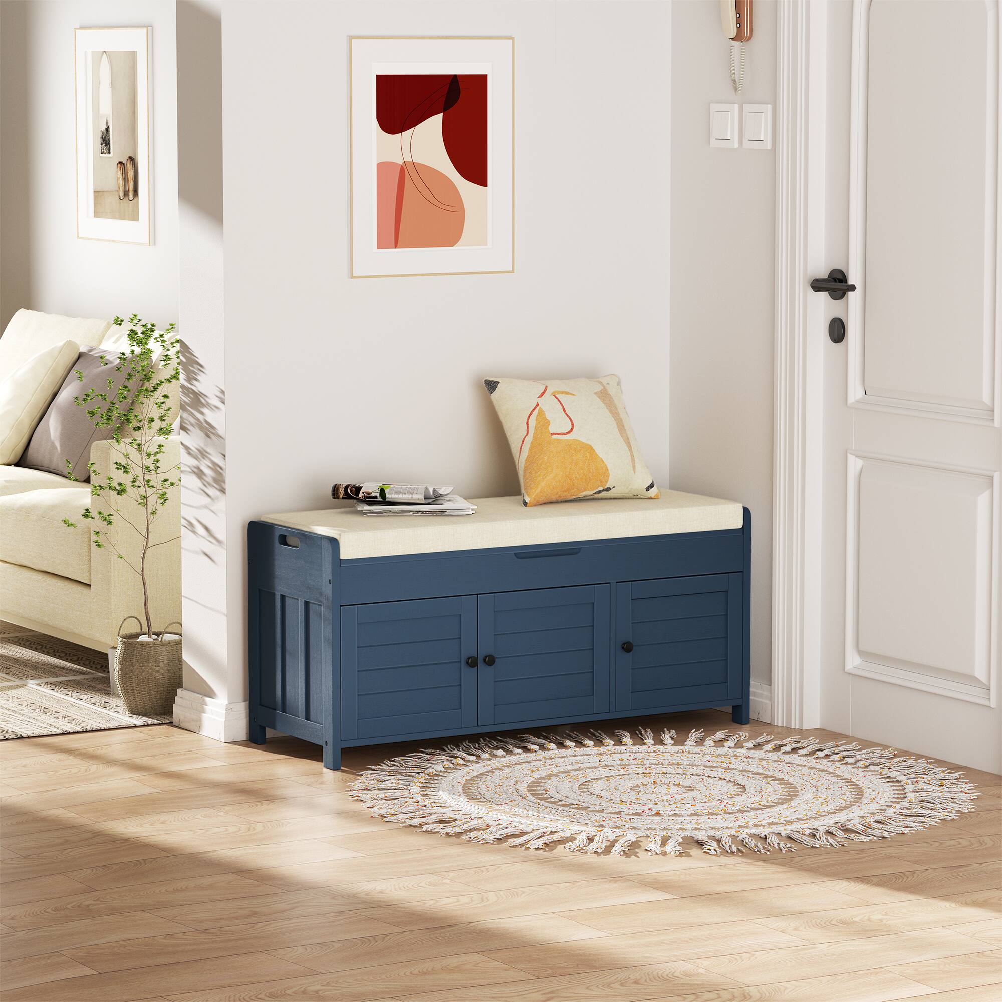 Alt View 4. LOVMOR - 43.5-in W x 20-in H x 16-in D Navy Storage Bench for Entryway with Cushion and Hidden Storage - Navy.