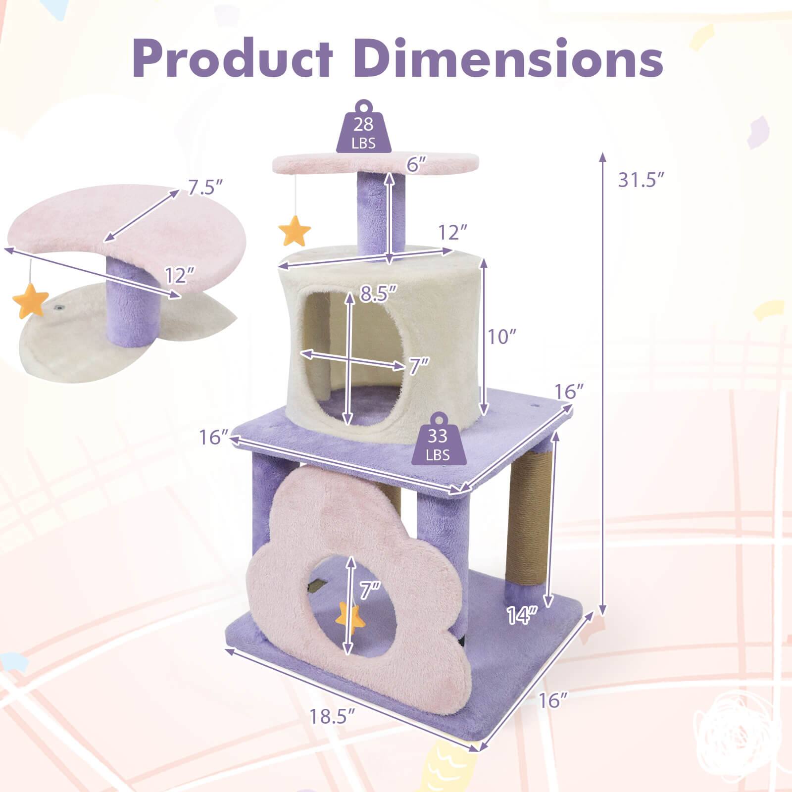Product Dimensions  
- Height: 31.5"  
- Width: 18.5"  
- Depth: 16"  
- Top Platform: 7.5" diameter, 6" height  
- Middle Platform: 8.5" diameter, 12" height  
- Bottom Platform: 14" diameter, 16" height  
- Weight Capacity: 28 LBS (top), 33 LBS (bottom)