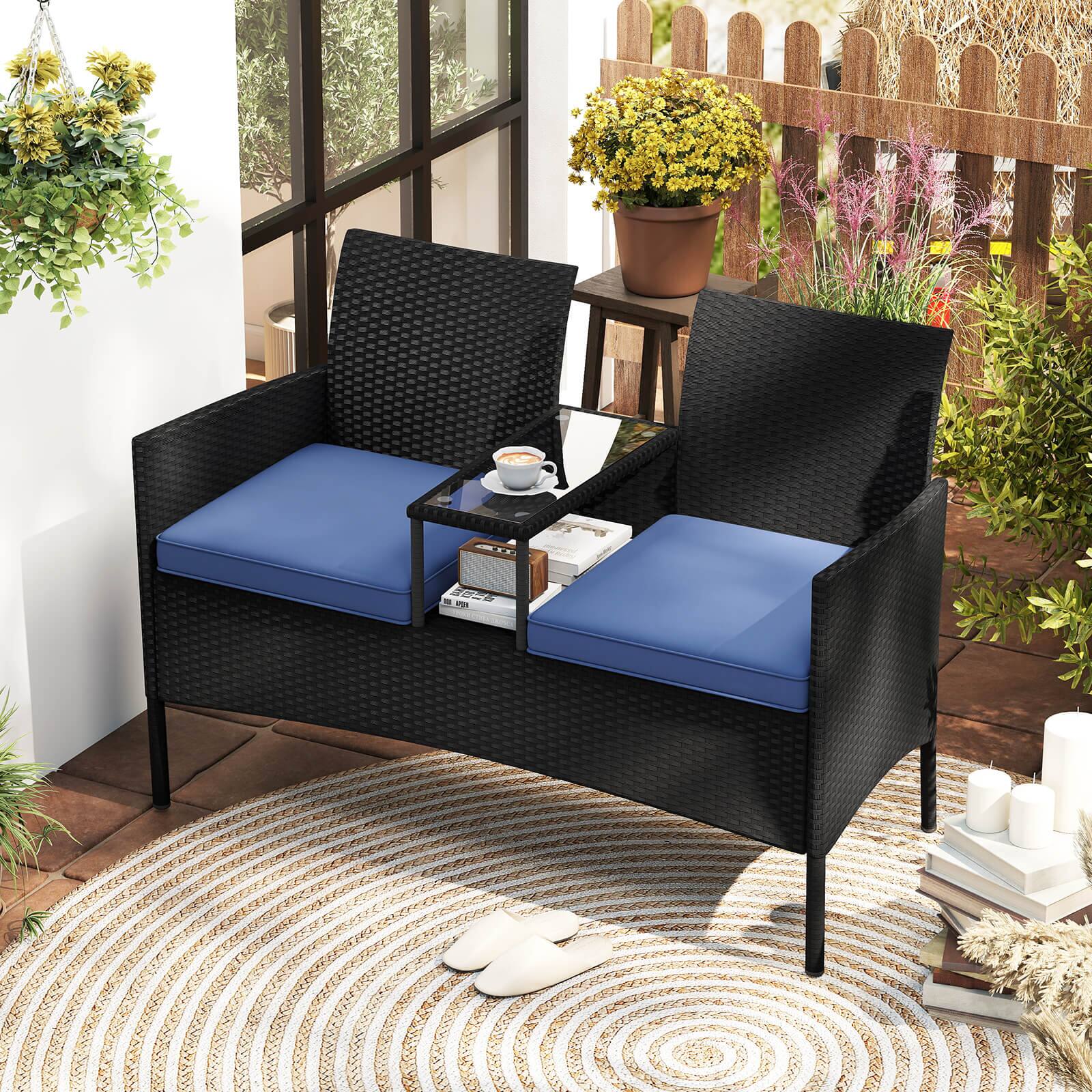 Alt View 3. Costway - Costway Patio Loveseat with Built-in Table Soft Cushions & Tempered Glass Tabletop - Navy.