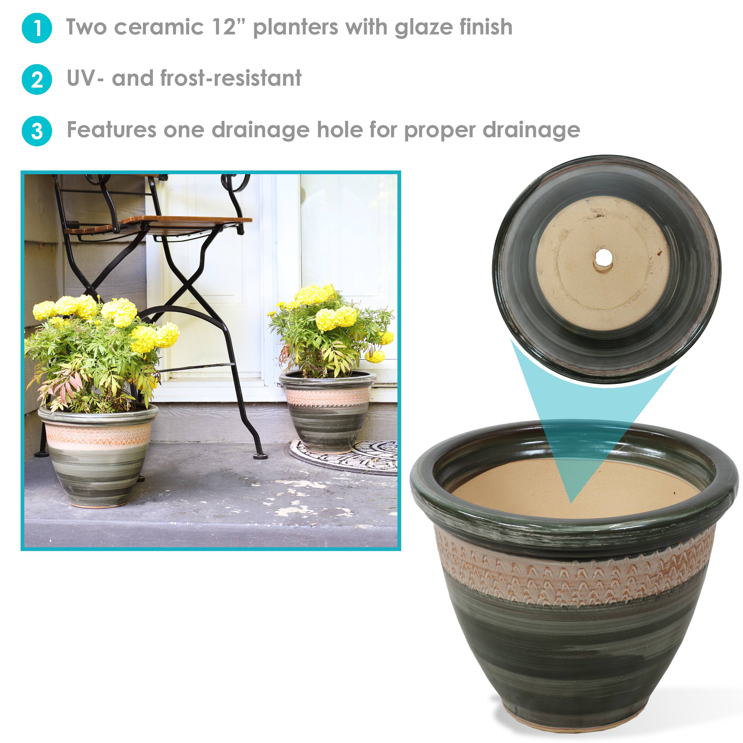 1. Two ceramic 12" planters with glaze finish
2. UV- and frost-resistant
3. Features one drainage hole for proper drainage