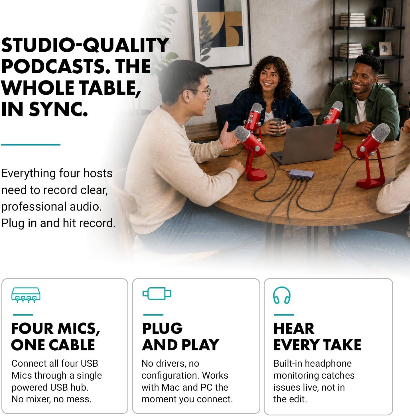 STUDIO-QUALITY PODCASTS. THE WHOLE TABLE, IN SYNC.

Everything four hosts need to record clear, professional audio. Plug in and hit record.

FOUR MICS, ONE CABLE
Connect all four USB Mics through a single powered USB hub. No mixer, no mess.

PLUG AND PLAY
No drivers, no configuration. Works with Mac and PC the moment you connect.

HEAR EVERY TAKE
Built-in headphone monitoring catches issues live, not in the edit.
