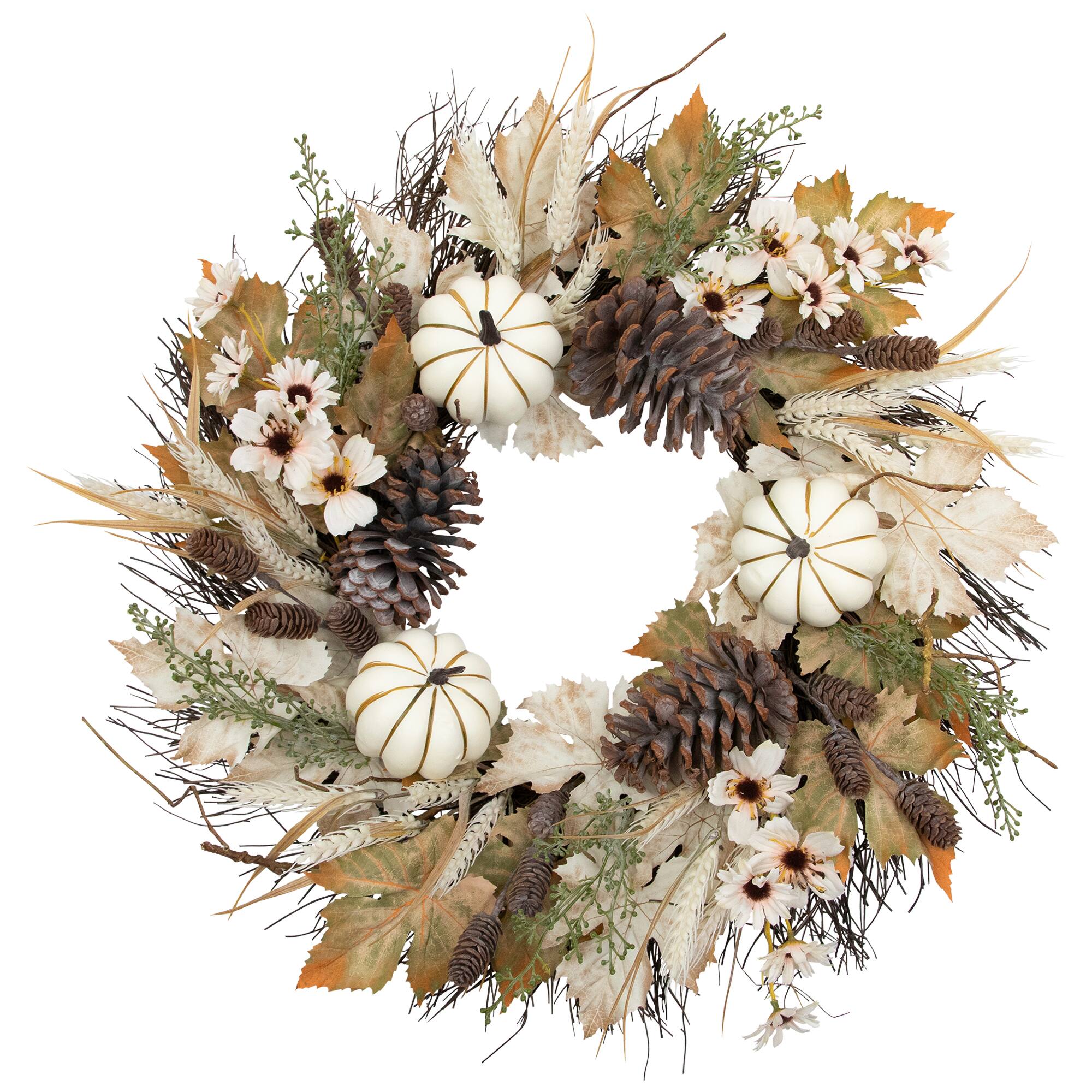 Alt View 1. Northlight - Pumpkin, Wheat and Pinecone Artificial Floral Fall Harvest Wreath - 24" - Ivory.