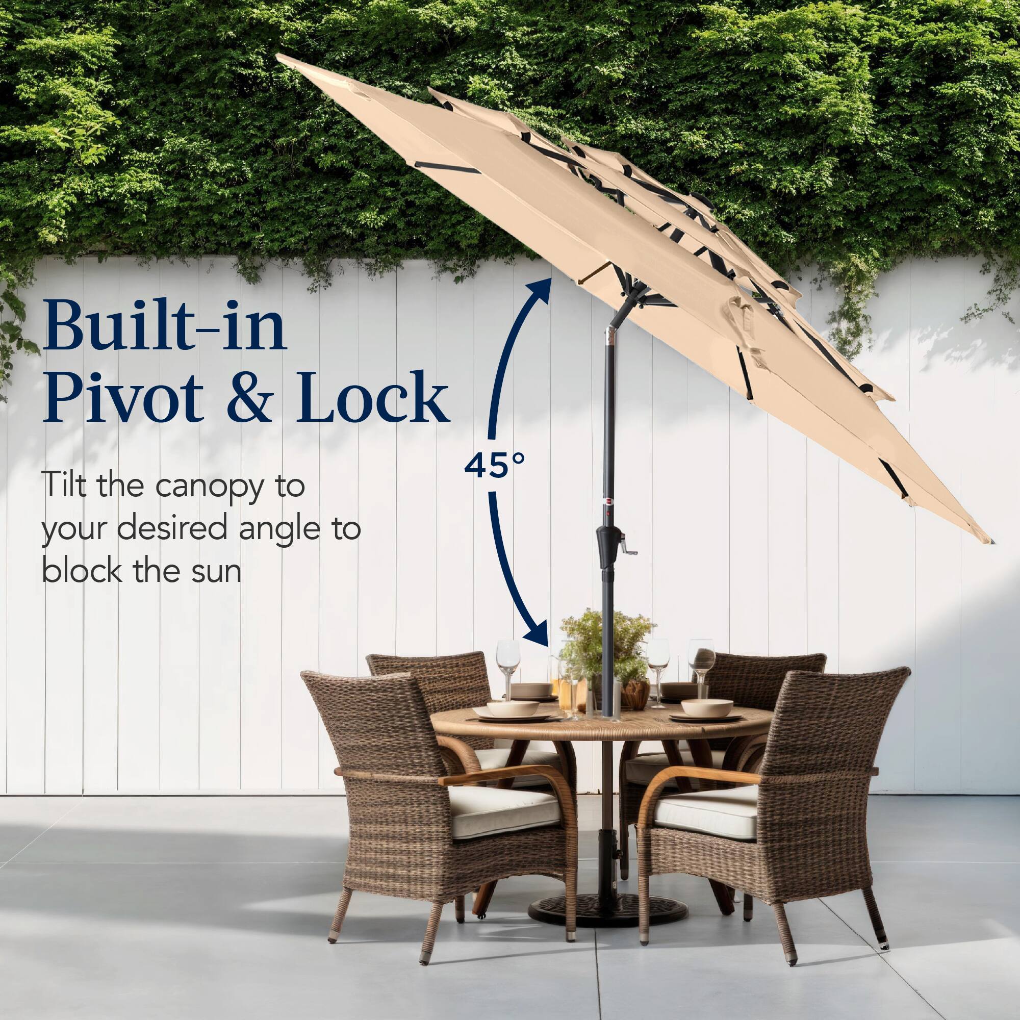 Built-in Pivot & Lock

Tilt the canopy to your desired angle to block the sun.