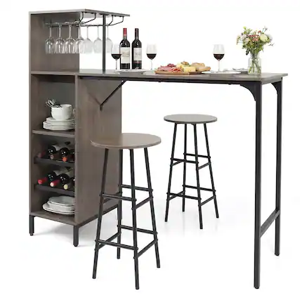 Front. Costway - Costway 3 PCS Bar Table and Chairs Set Industrial Pub Table & Stools with Bottle Wine Rack - Oak.