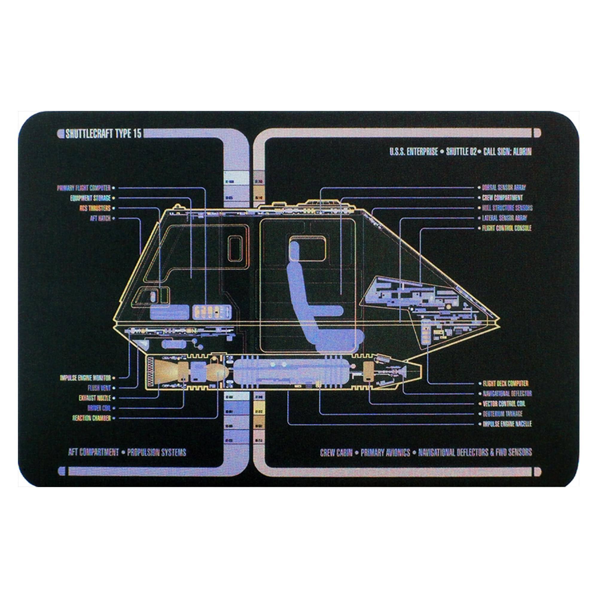 SHUTTLECRAFT TYPE 15  
U.S.S. ENTERPRISE SHUTTLE 02  
CALL SIGN: ALORIN  

FLIGHT COMPUTER  
EQUIPMENT STORAGE  
THRUSTERS  
AFT COMPARTMENT  

CREW COMPARTMENT  
WILL STRUCTURE SENSORS  
LATERAL SENSOR ARRAY  
FLIGHT CONTROL CONSOLE  

CREW CABIN  
PRIMARY AVIONICS  
NAVIGATIONAL DEFLECTORS & FWD SENSORS  

IMPULSE ENGINE MONITOR  
FUSION NOZZLE  
EXHAUST NOZZLE  
REACTION CHAMBER  

AFT COMPARTMENT - PROPULSION SYSTEMS