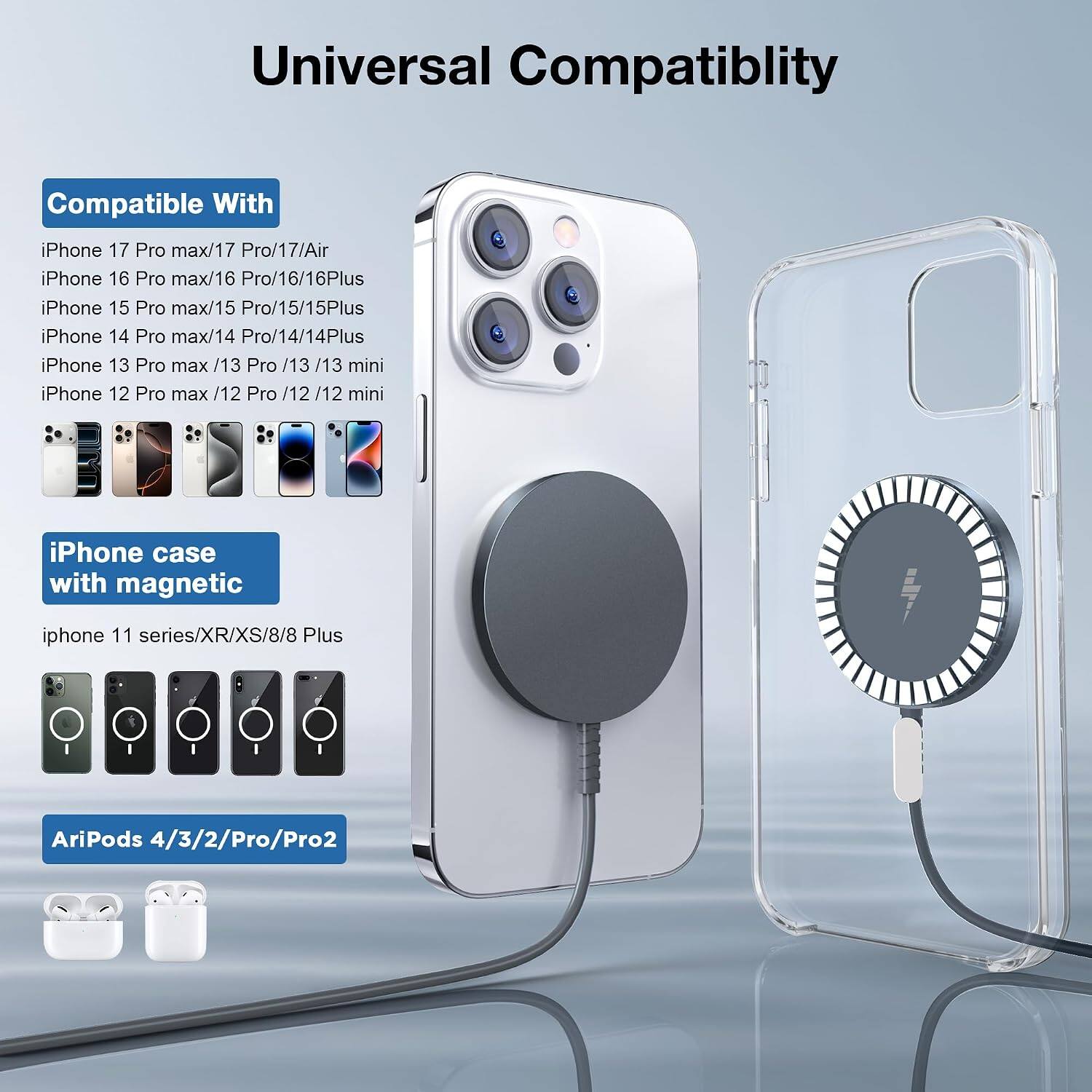 Universal Compatibility

Compatible With
iPhone 17 Pro max/17 Pro/17/Air
iPhone 16 Pro max/16 Pro/16/16Plus
iPhone 15 Pro max/15 Pro/15/15Plus
iPhone 14 Pro max/14 Pro/14/14Plus
iPhone 13 Pro max /13 Pro /13 /13 mini
iPhone 12 Pro max /12 Pro /12/12 mini

iPhone case with magnetic
iphone 11 series/XR/XS/8/8 Plus

AriPods 4/3/2/Pro/Pro2